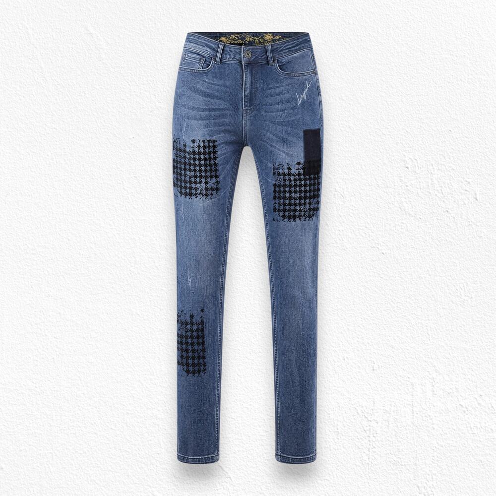 Desigual Blue Patchwork Embroidered Houndstooth Skinny Jeans 29 Stretch Denim
